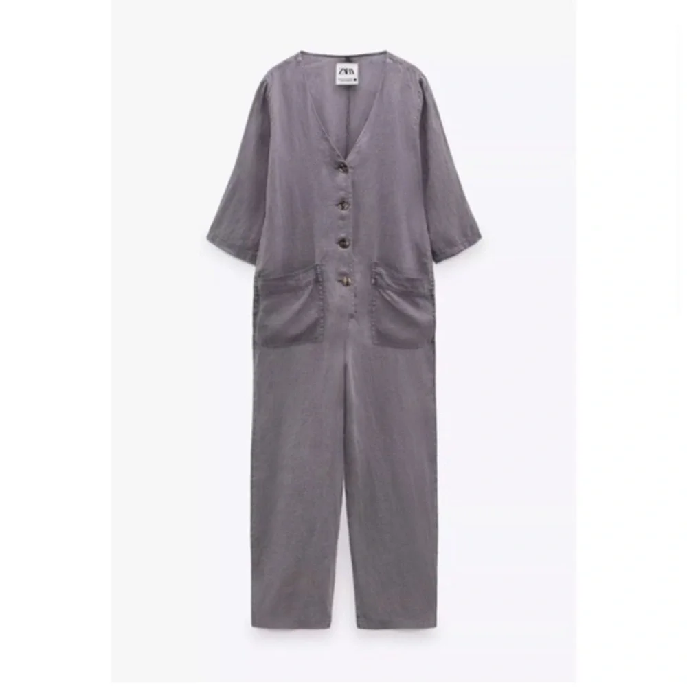 ZARA NEW The Lillian Gray 100% Linen ButtonFront Jumpsuit Small